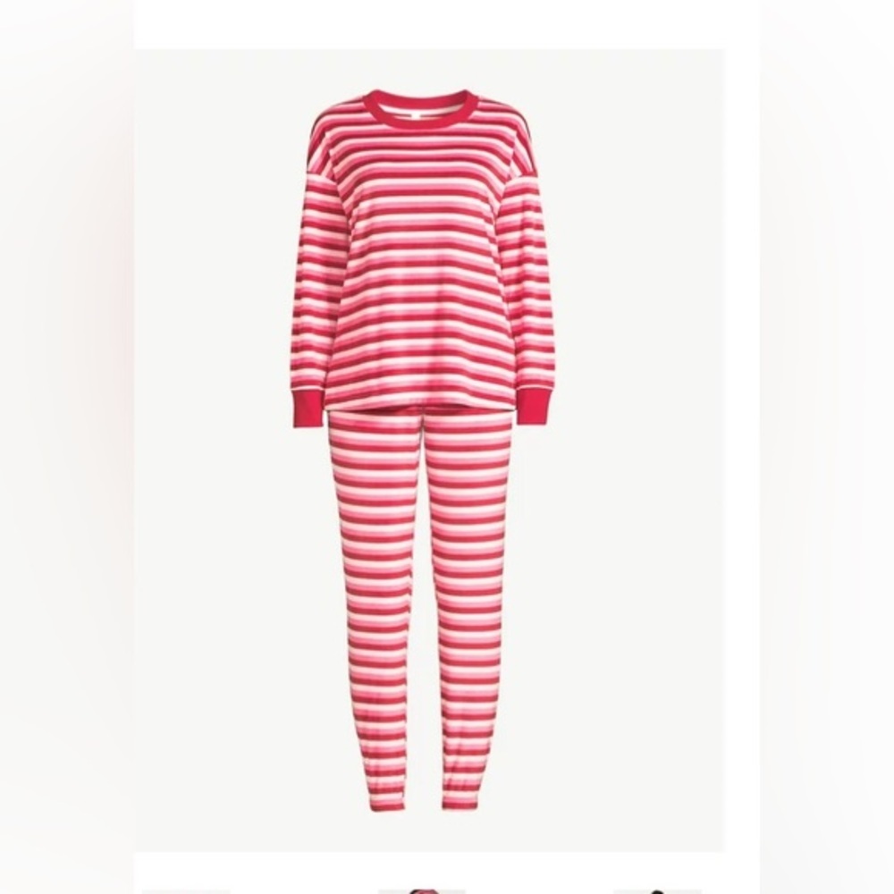 3piece Pink & Red striped Women's Velour Pajama Sleep Set with Eye‎ Mask size M